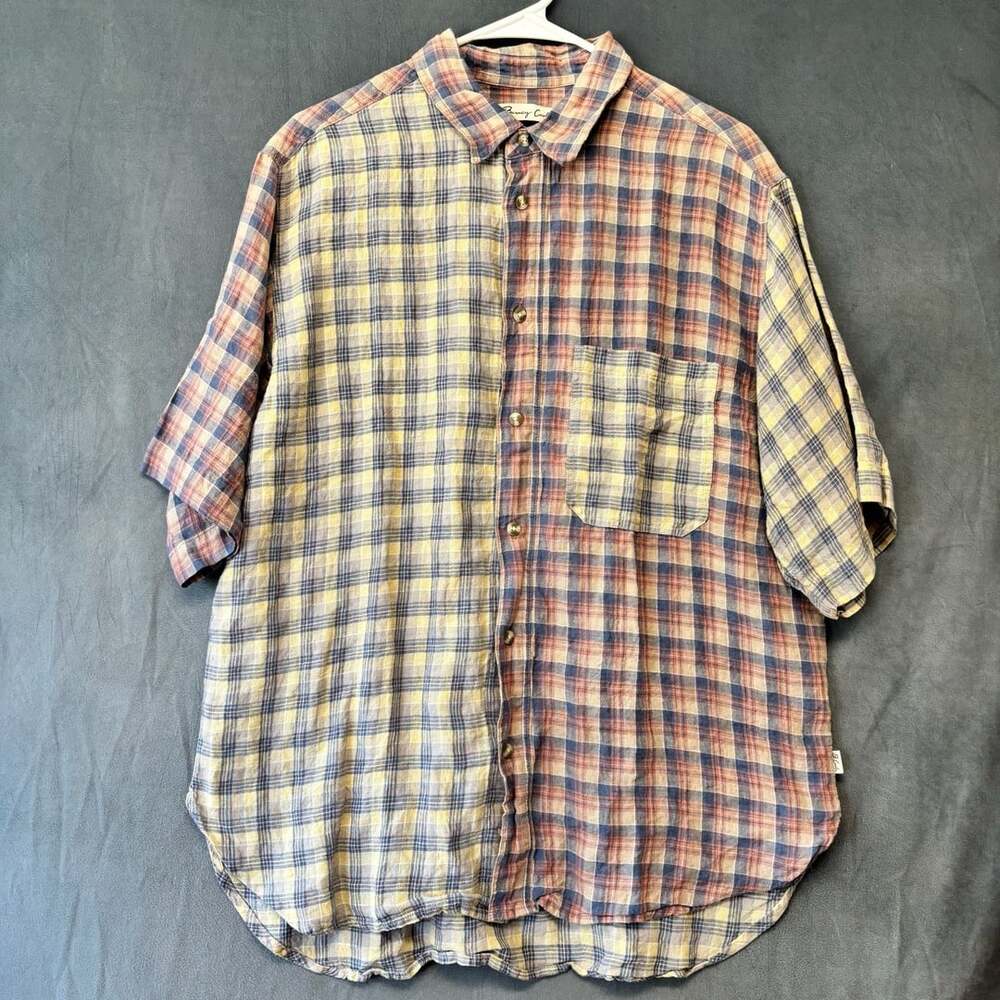 Barney Cools Linen Short Sleeve Plaid Button Up Shirt Summer Festival Medium
